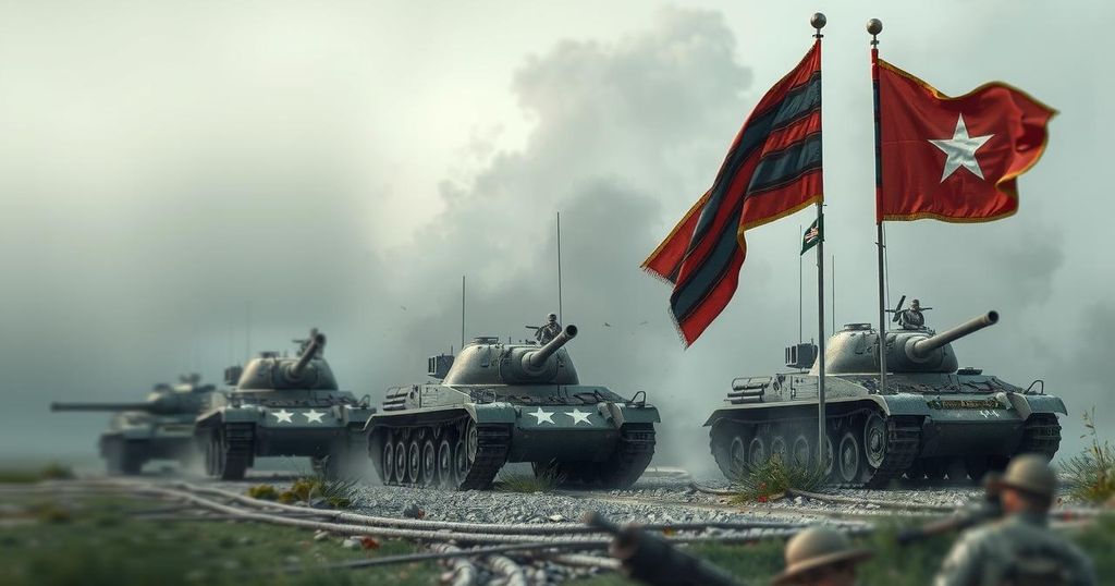 Abstract war-themed landscape showing military machinery and flags in a muted color palette, evoking tension.