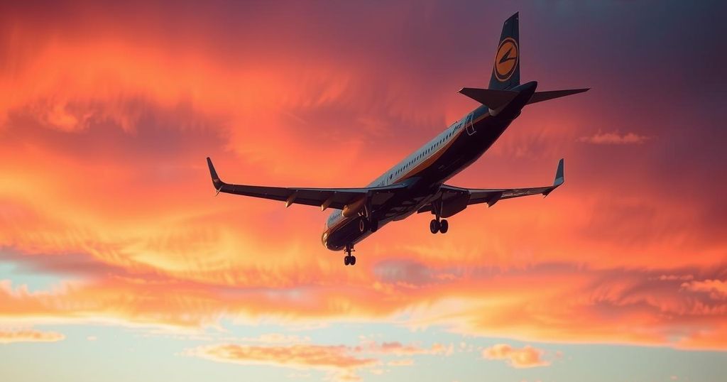 Airplane taking off against a sunset sky, representing new beginnings in aviation.