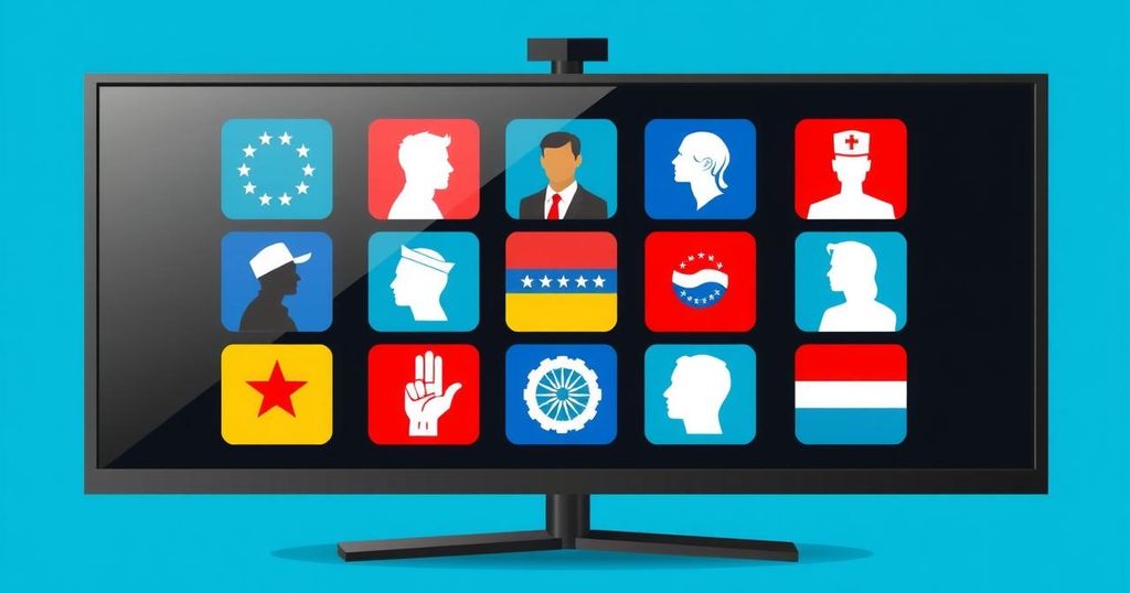 A digital illustration of a virtual meeting screen filled with icons of political parties united for a cause, in vibrant colors.