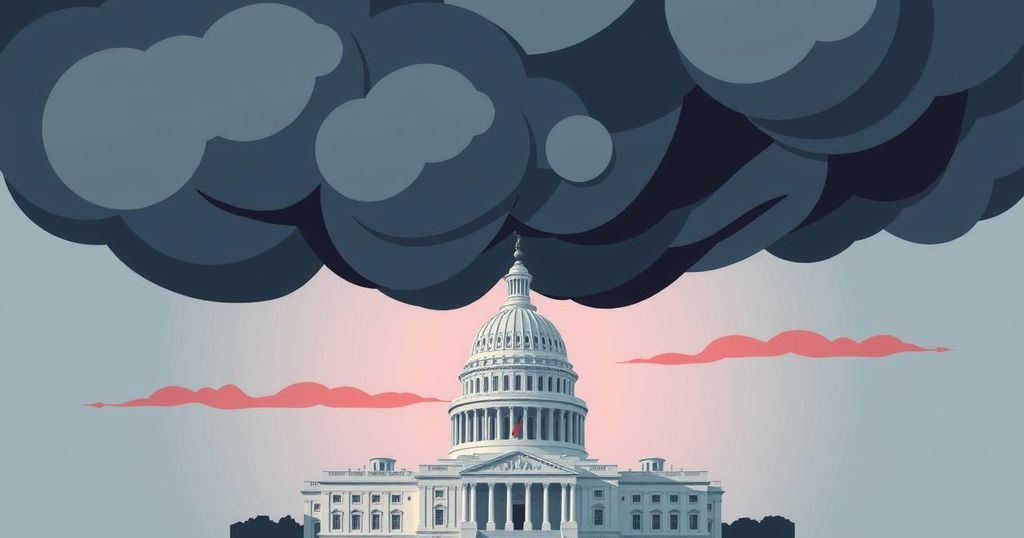 A visual metaphor of political tension featuring dramatic storm clouds over a Capitol building.