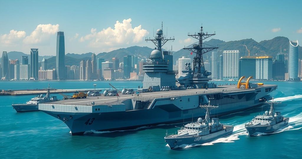 Chinese aircraft carrier and naval fleet docked in Hong Kong harbor, showcasing military strength and maritime presence.