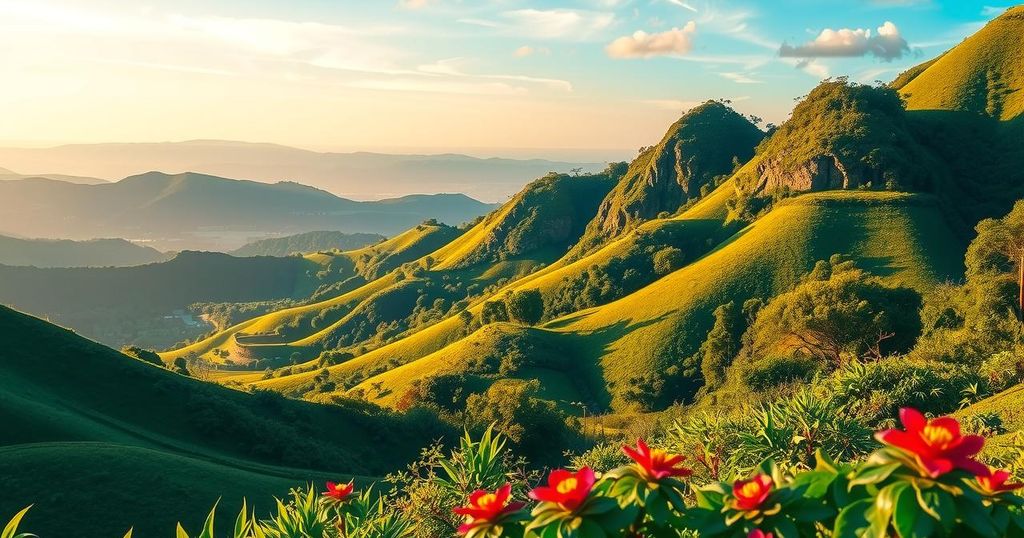 A vibrant landscape representing recovery and hope in Honduras and Nicaragua after natural disasters.