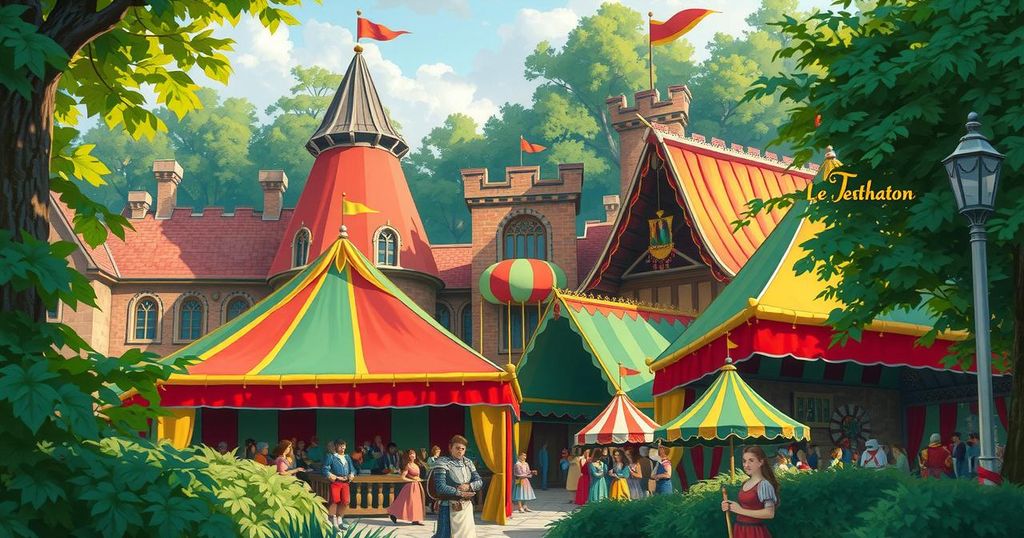 Colorful banner depicting a medieval festival with tents, banners, and decorations.