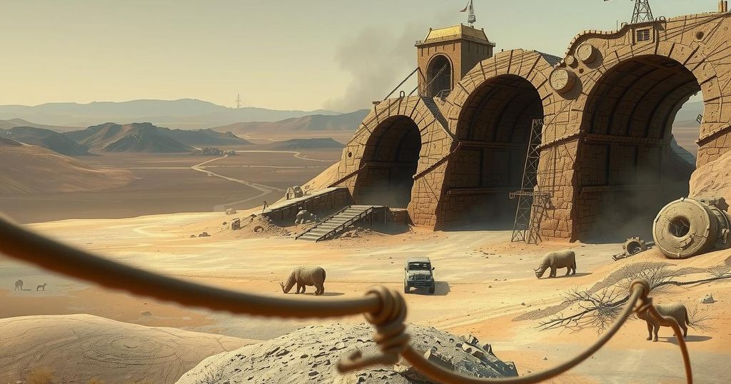 A desolate gold mine site surrounded by barren land, evoking a sense of loss and tragedy.
