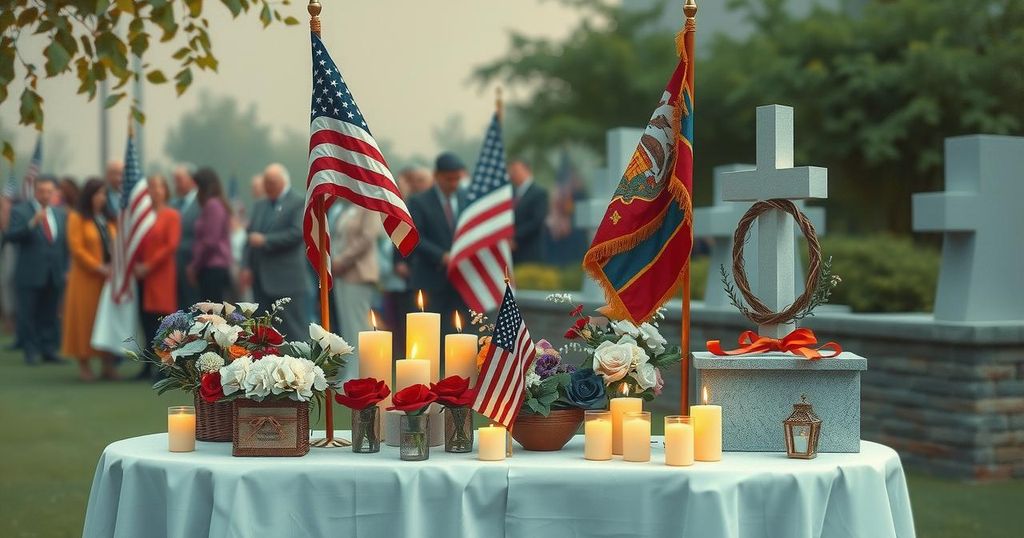 A memorial scene honoring a Libyan activist with candles, flowers, and flags in a somber gathering space.