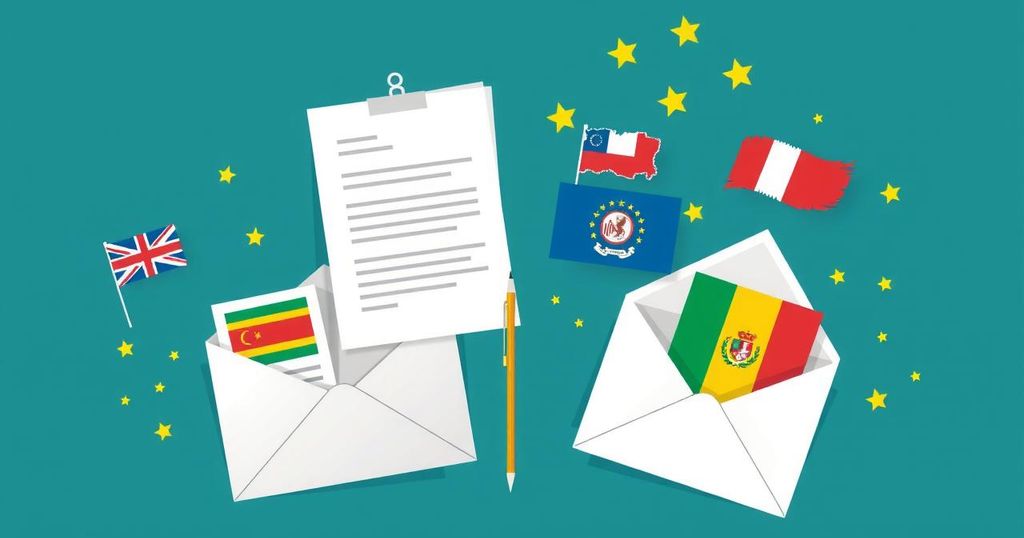 Tariff letters symbolize trade negotiations, featuring envelopes and flags of various countries in an abstract style.