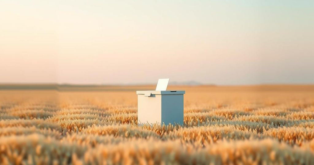 An abstract illustration of political engagement, featuring a voter and ballot box in muted colors, symbolizing democracy.