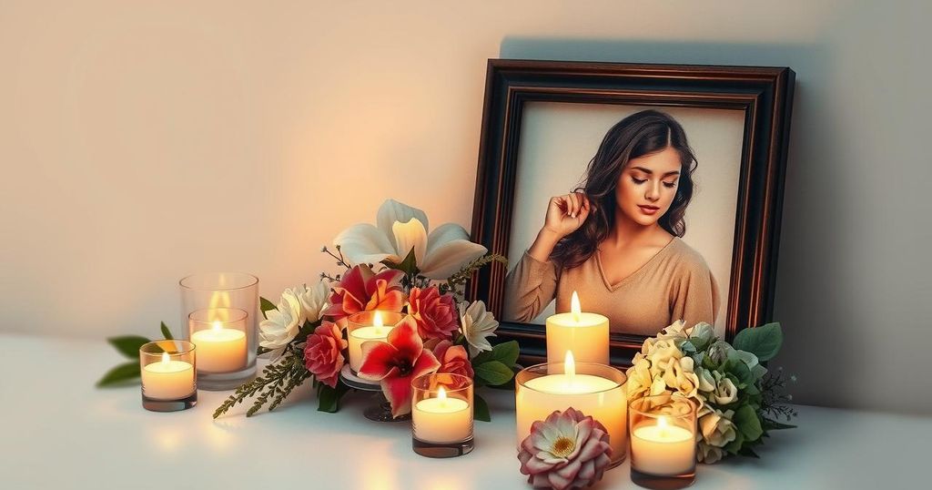 Candlelit memorial with flowers and a portrait reflecting loss and family support in a serene setting.