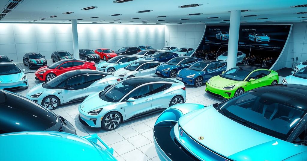 BYD electric vehicles displayed in a showroom, showcasing modern design and advanced technology features.