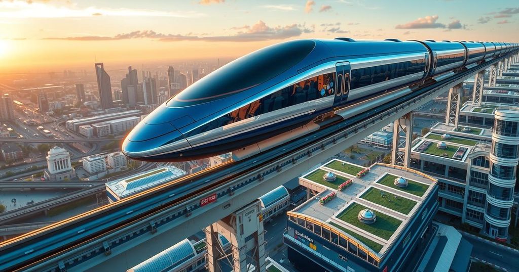 Futuristic maglev train concept in vibrant colors, soaring above modern urban landscape, showcasing magnetic levitation.