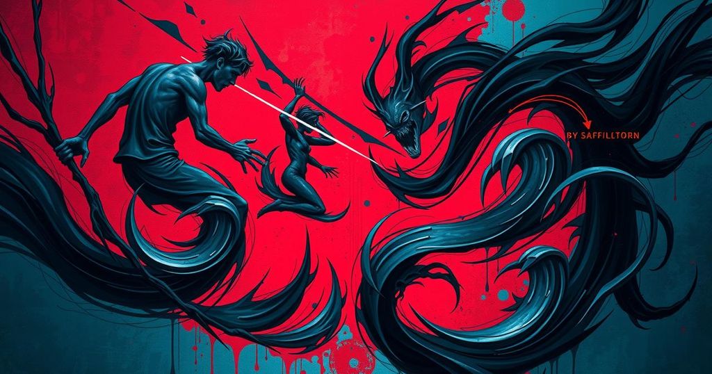 Abstract scene of a chaotic confrontation, showcasing dramatic energy and tension, with emotional colors like dark reds and blues.