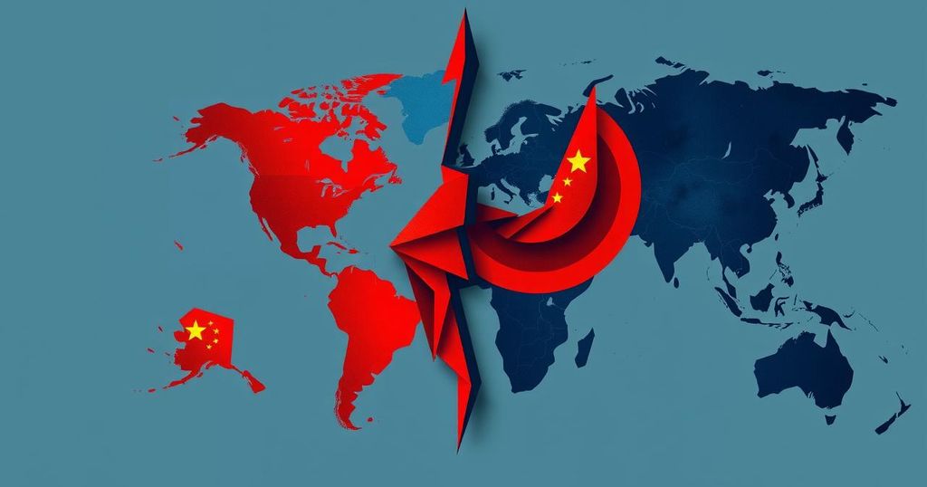 A graphic depiction of conflict, showcasing abstract shapes and flags in tension, colored in bold reds and blues.