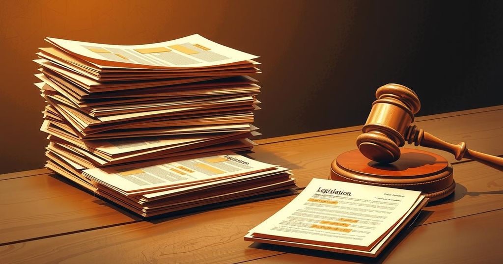 Abstract representation of government legislation process with stacks of papers and a gavel, featuring warm color tones.