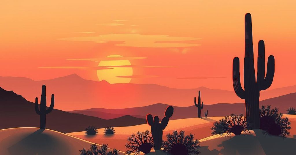 Desert landscape at sunset with vibrant colors and abstract elements reflecting nature's beauty.