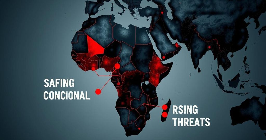 A map of Africa highlighting regions with safety concerns for foreign nationals, with dark tones and somber colors.
