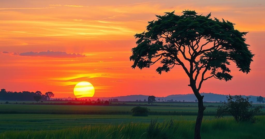 A sunset over a tranquil Nigerian landscape with greenery and a lone tree, symbolizing reflection and change.