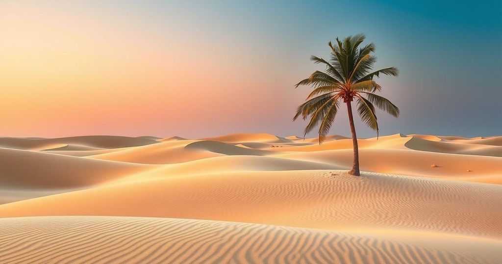 A serene Egyptian desert landscape with a lone palm tree, soft sand dunes, and a gradient sky at sunset.