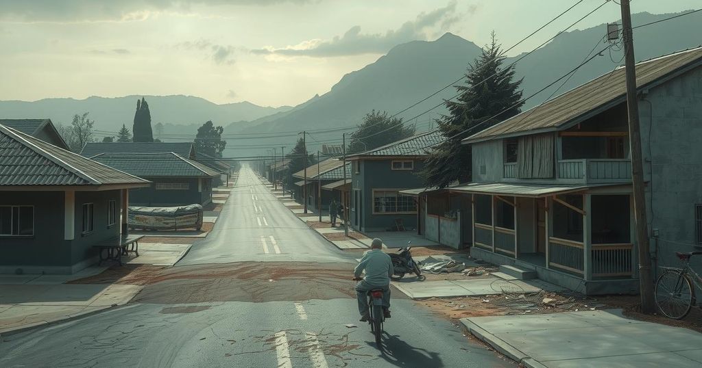 A somber landscape depicting an informal settlement in uMlazi, with empty streets and muted colors, conveying unease.