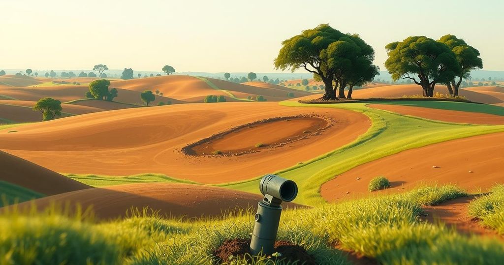 A serene landscape of a minefield in Angola, with soft hues of green and brown, symbolizing peace and awareness efforts.