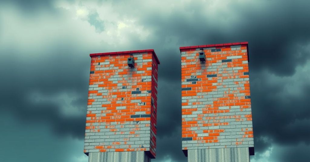 A symbolic representation of stalled diplomatic communication with architectural motifs and subdued colors.