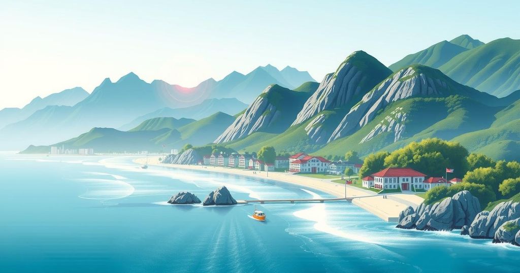 A scenic landscape of Wonsan with mountains and ocean, reflecting the local culture and tourism appeal.