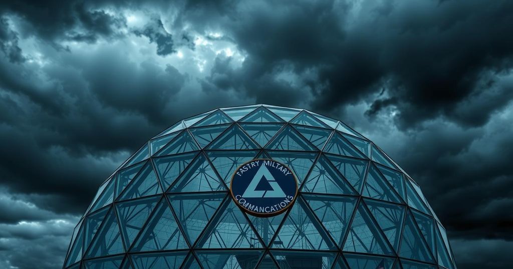 A geodesic dome with a military communications logo, set against a dramatic stormy sky, evoking tension and urgency.