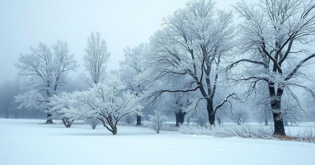 Barren winter landscape showcasing icy trees and snow-covered ground, depicting a frigid atmosphere.