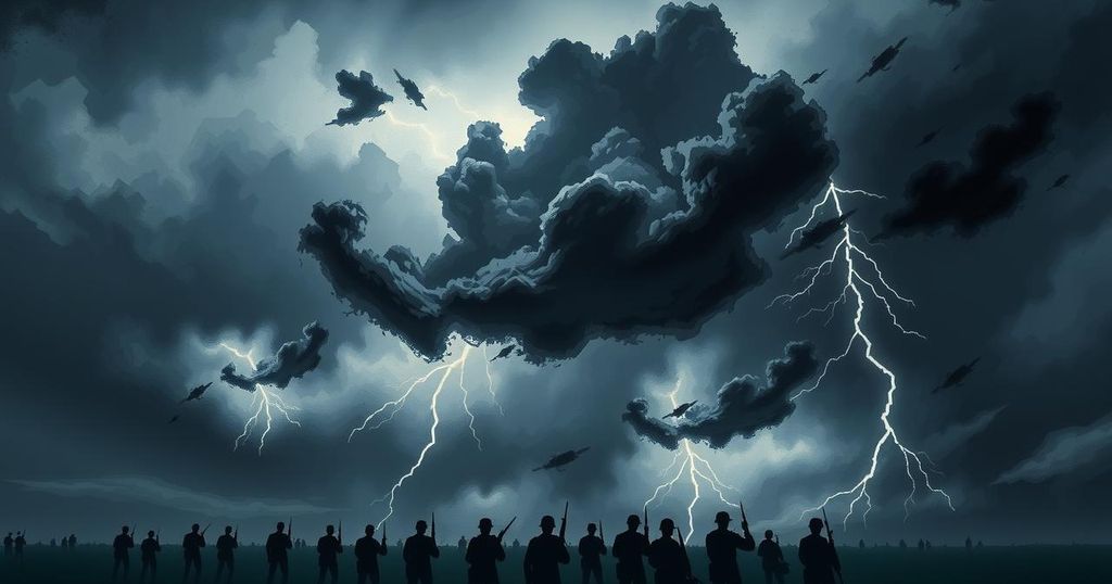 A tumultuous landscape depicting tension between nations, showcasing military silhouettes and dark storm clouds.