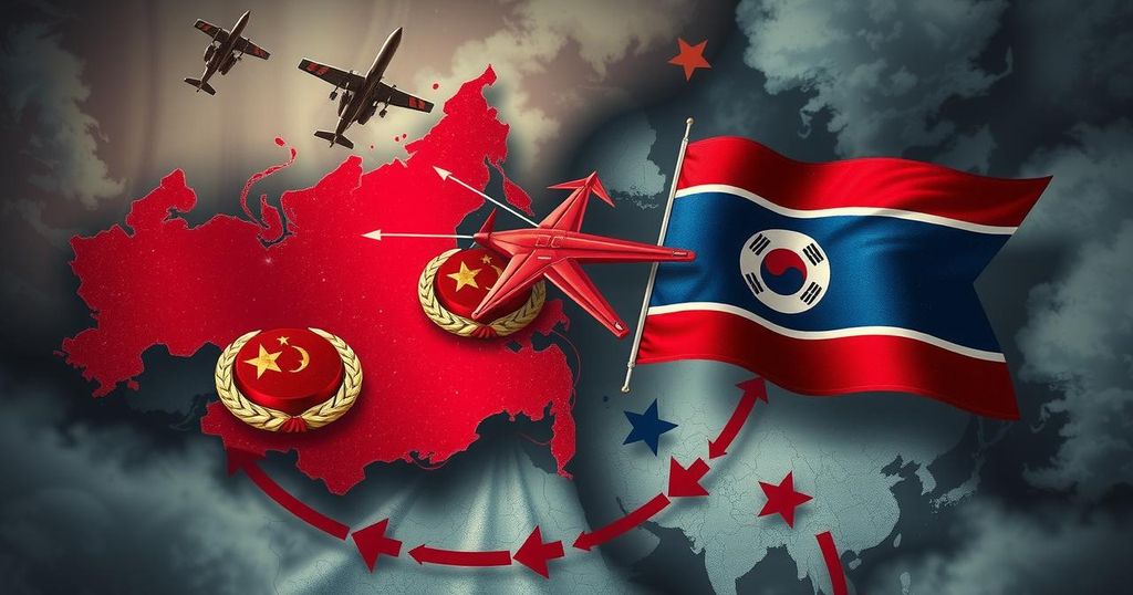 A symbolic representation of deepening Russia-North Korea relations with a backdrop of military elements and diplomatic symbols.