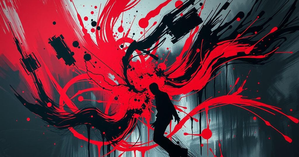 Abstract representation of chaos and conflict, showcasing dark colors and chaotic patterns to symbolize turmoil.
