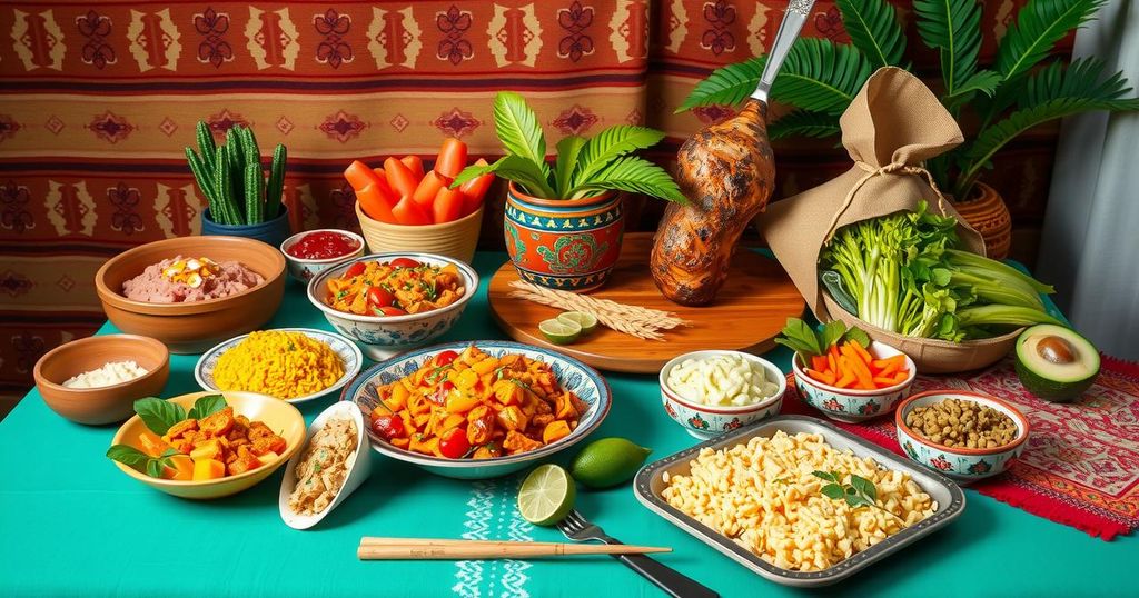 Colorful Peruvian food spread with ceviche, chicken dishes, and traditional drinks, arranged elegantly on a table.