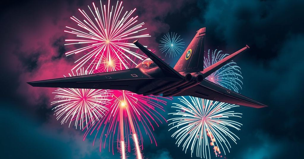 B-2 Spirit bomber flying above fireworks at a patriotic celebration, symbolizing military strength and Independence Day.