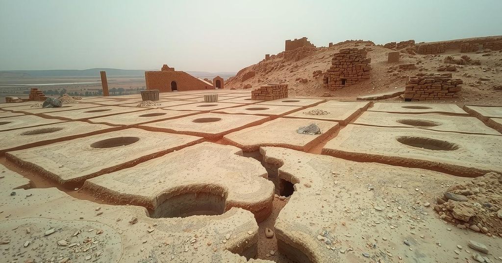 Landscape of ancient ruins in Syria with soil dug up, reflecting treasure hunting activity and archaeological significance.