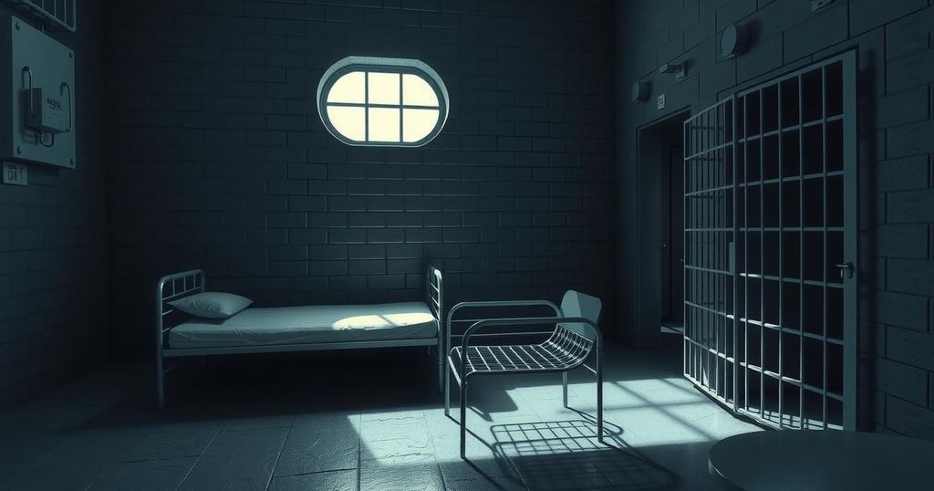 El Salvador detention cell with simple furnishings and shadows, showcasing a dramatic light effect.