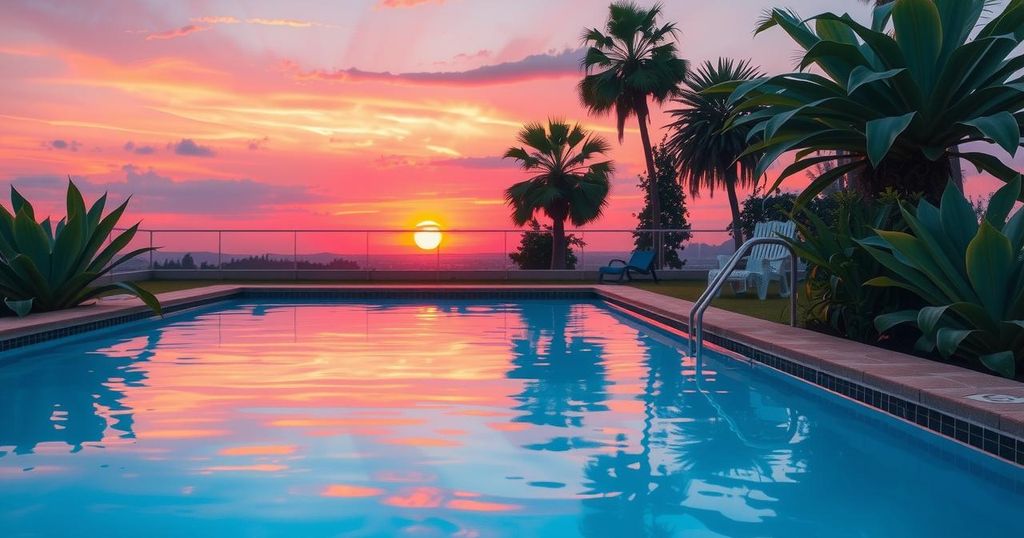 A serene poolside scene with a glowing sunset, reflecting warm colors over peaceful water and lush greenery.