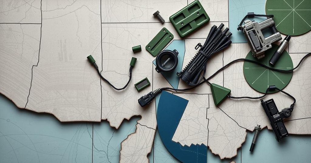 A symbolic representation of military strategy with abstract elements in muted tones reflecting geopolitical tensions.