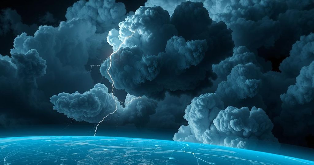Satellite monitoring tropical storms, cloudy sky, thunderstorm clusters, blue and gray color scheme, digital style