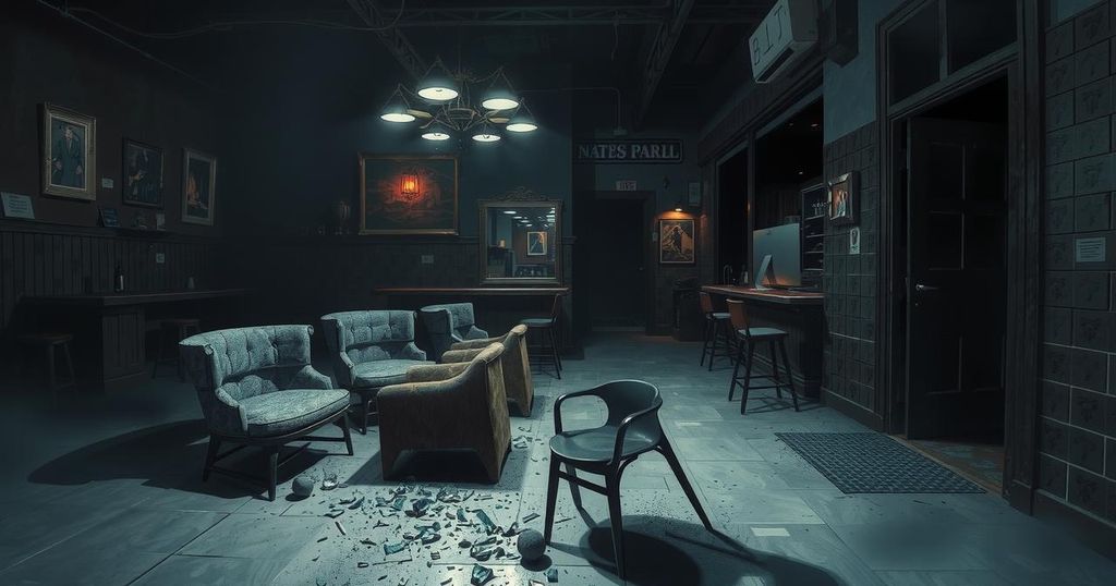 A dimly lit bar scene with empty chairs and broken glass, representing the aftermath of violence and loss.