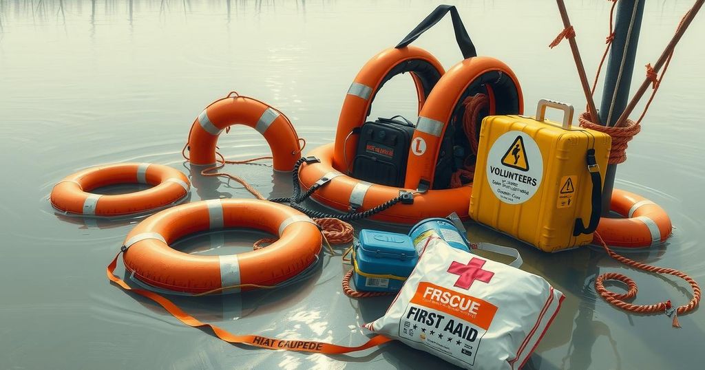Flood rescue scene with lifebuoys and first aid kits, embodying volunteer spirit with warm colors in an impressionistic style.