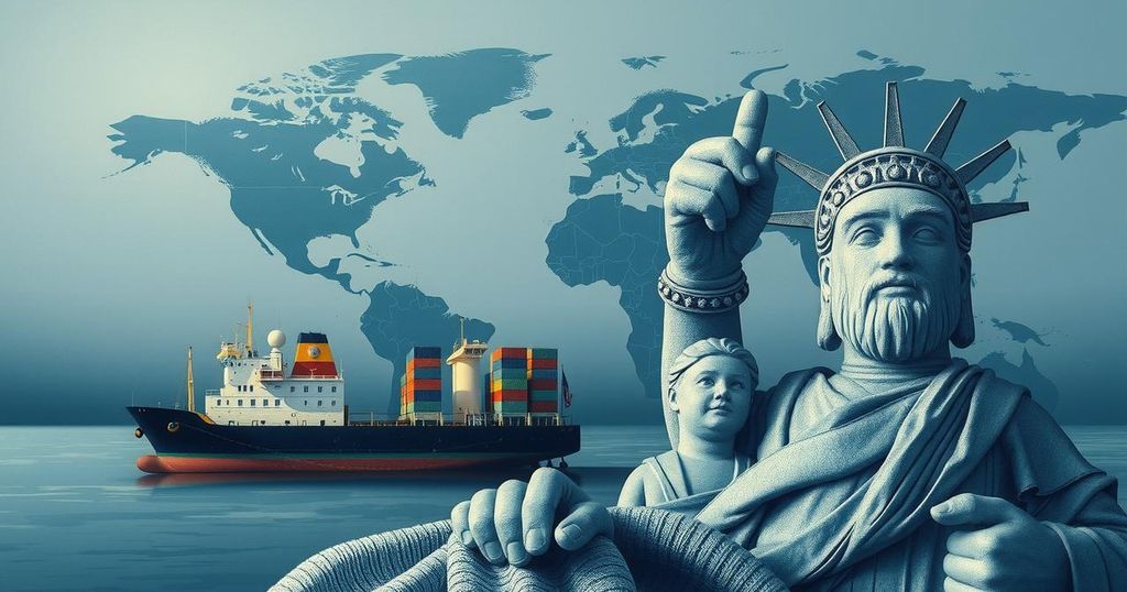 A political scene featuring symbolic elements of tariffs and international relations.