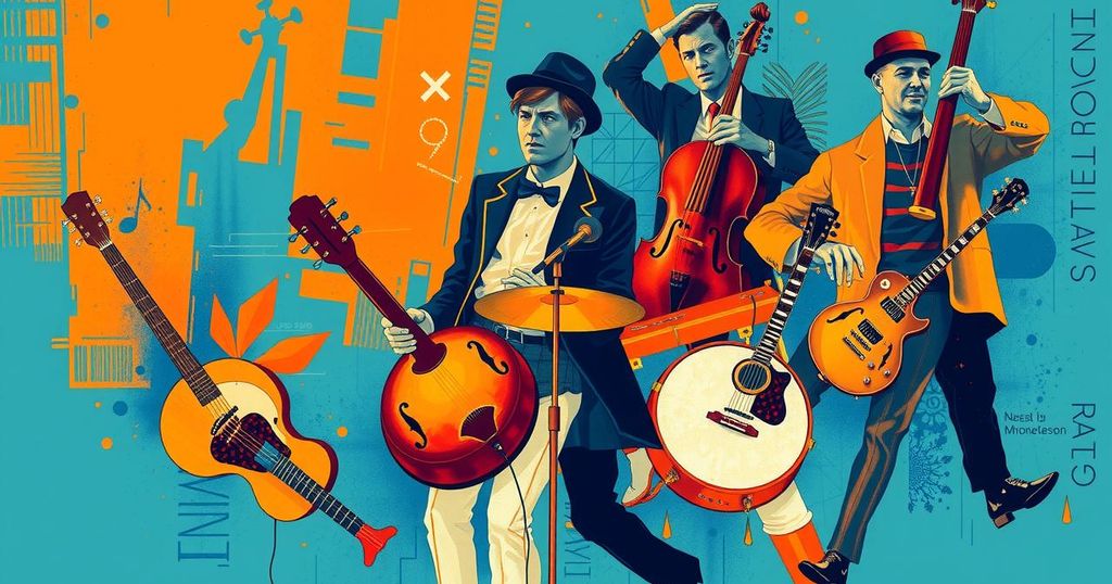 A vibrant music scene featuring an abstract representation of a performance with musical instruments and lively colors.