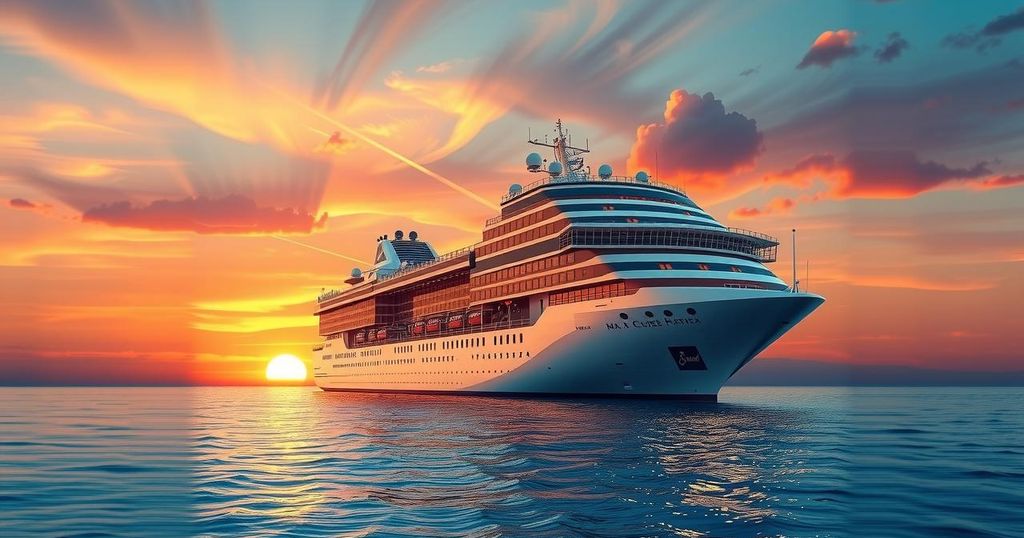 A cruise ship navigating a calm ocean with a sunset backdrop, enhancing the travel theme.
