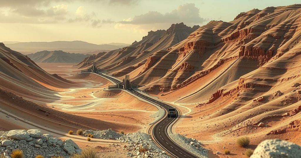 Muted landscape of a gold mine with rocky terrain and barren trees, symbolizing conflict and resource exploitation.