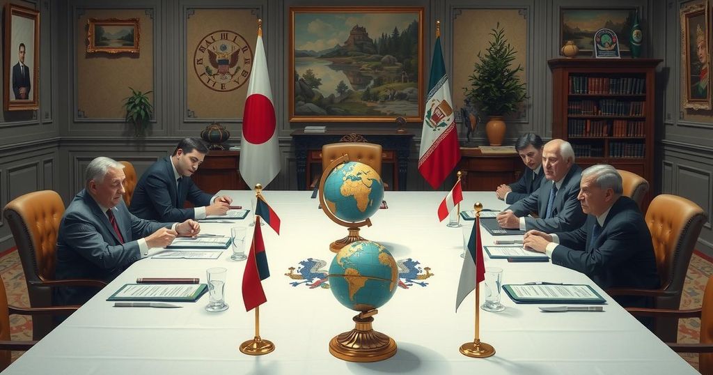 A diplomatic table setting showcasing flags, a globe, and symbolic peace symbols representing international negotiations.