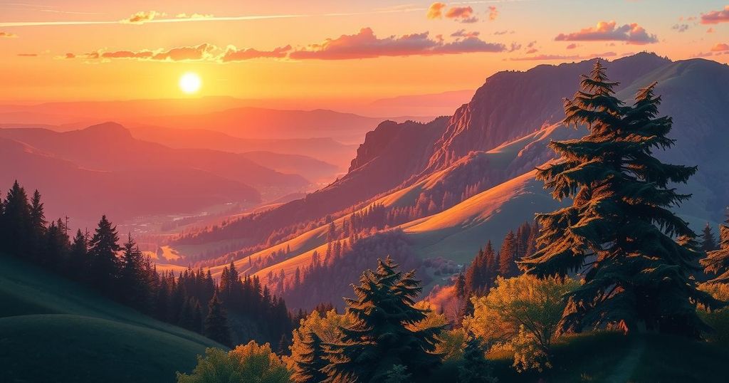 A serene landscape depicting mountains and trees under a sunset sky with soft hues of orange and purple.