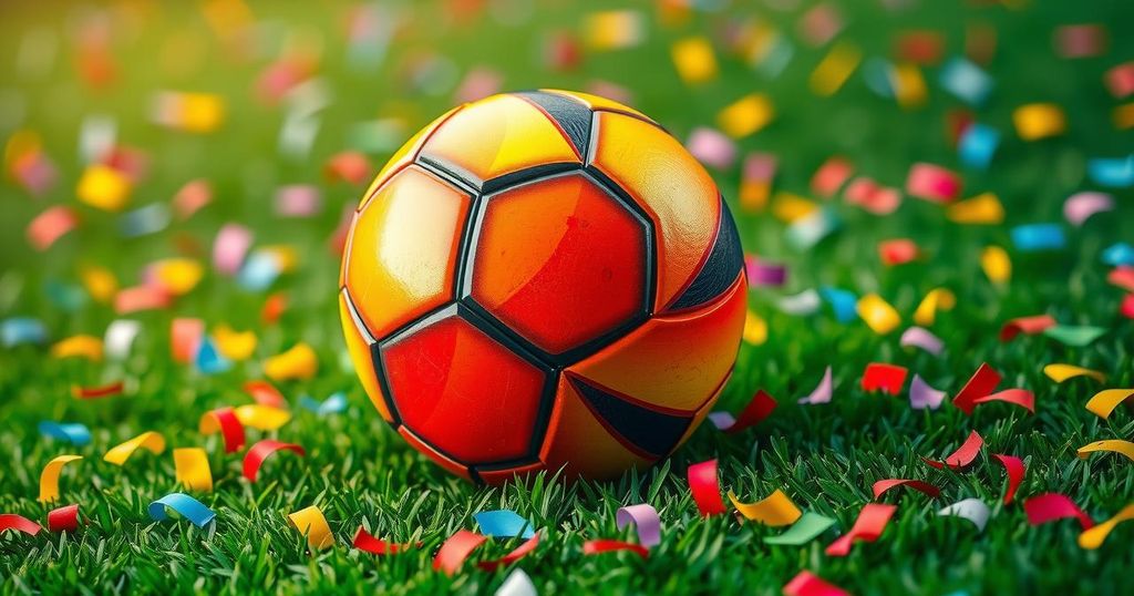 A vibrant soccer ball on a grassy field with colorful confetti, representing the excitement of a matchday.