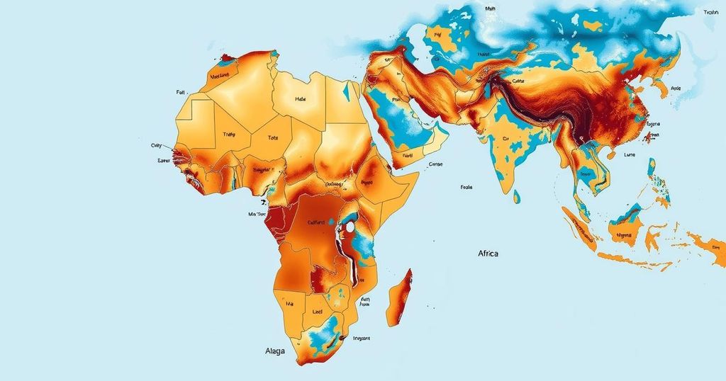 A weather overview map showing dry and flooded regions in Africa with contrasting colors like brown and blue.
