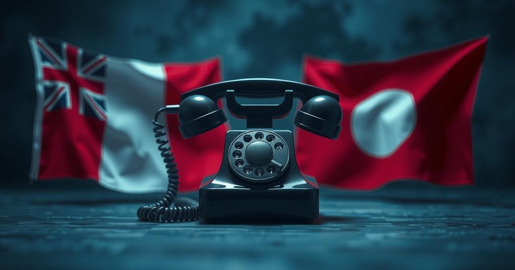 A symbolic illustration of a tense phone call between two leaders, featuring a phone, flags, and a dark, moody background.