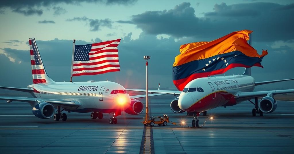 Large-scale prisoner swap between the U.S. and Venezuela with planes and flags representing both countries.