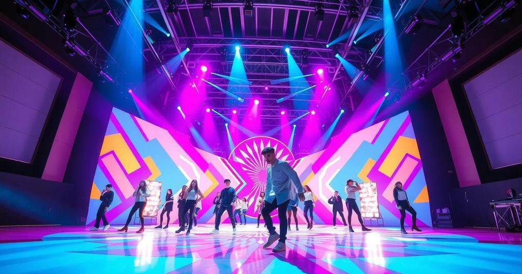 K-pop stars performing on a vibrant stage with colorful lights and dynamic choreography, illustrating a musical celebration.
